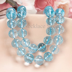 Rare! Blue Topaz Round Bead Silver Gemstone Necklace, Sky Blue Topaz Round Beaded Jewelry, Handmade Choker Beaded Necklace For Women Gift