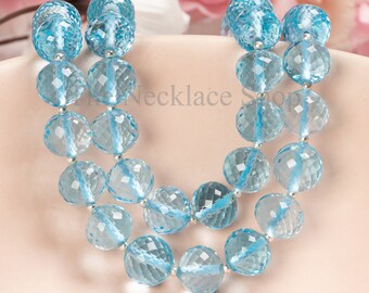Rare! Blue Topaz Round Bead Silver Gemstone Necklace, Sky Blue Topaz Round Beaded Jewelry, Handmade Choker Beaded Necklace For Women Gift