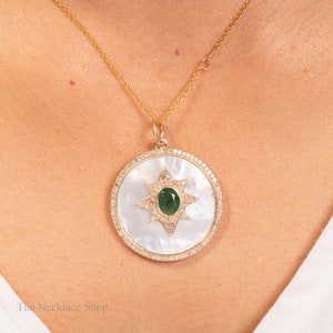 Diamond & Mother Of Pearl Pendant,14k Solid Gold,Oval Cut Emerald,Halo Diamond Necklace,Handmade Vintage Pendant,Gift for Mother,Christmas