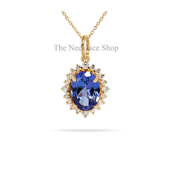 Genuine Tanzanite Pendant, Gold Gemstone Pendant, 18k Pendant Necklace, Diamond Halo Pendant, Birthstone Jewelry, Anniversary Gift For Her