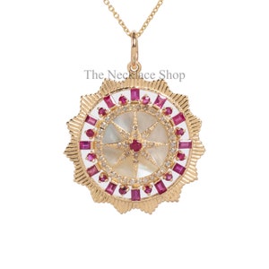 Mother Of Pearl & Ruby Necklace,14k Solid Gold Pendant,Art Deco Bridal Necklace,Luxurious Pendant,Halo Diamond Pendant,Anniversary Gift,MOM