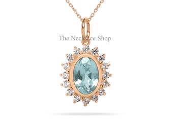 Oval Cut Aquamarine Pendant,Halo Diamond Bridal Necklace,Natural Aquamarine Jewelry,14k Solid Gold Pendant with Chain,Art Deco Blue Pendant