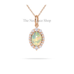 Art Deco Opal Pendant, 18k Gold Opal Diamond Pendant, Halo Necklace, Prong, Wedding Anniversary Gift, Dainty Necklace, Gift For Girlfriend