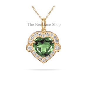 Natural Green Tourmaline Pendant, 14k Gold Halo Necklace, Heart Shape Pendant, Diamond Accent Handmade Jewelry, Art Deco Bridal Pendant Gift