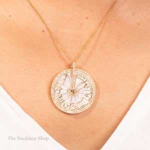 14k Solid Gold Necklace/Natural Mother of Pearl Pendant/Halo Diamond Necklace/Wheel Spin Pendant/Antique Pendant for Wife/Anniversary Gift