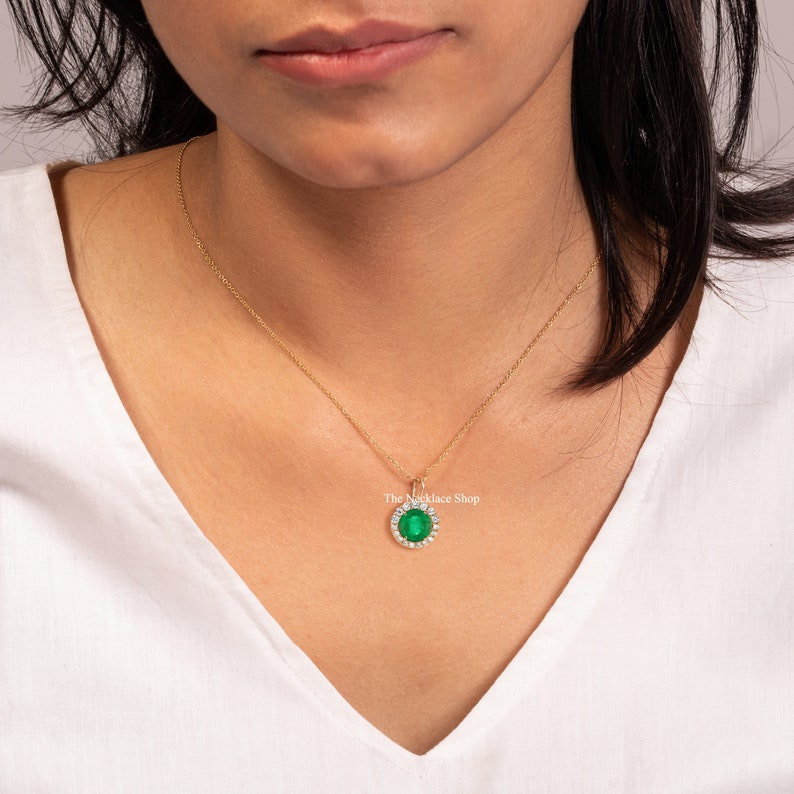 Round Emerald Pendant,halo Diamond Necklace With Chain,14k Gold ...