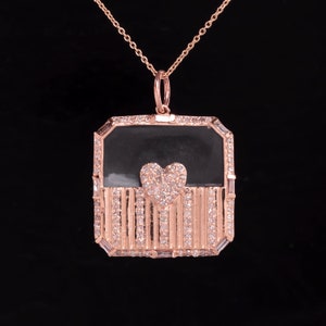 Diamond & Mother Of Pearl Necklace,14k Solid Gold Pendant,Art Deco Heart Charm Pendant,Octagon Shaped Diamond Pendant,Wedding Gift For Her