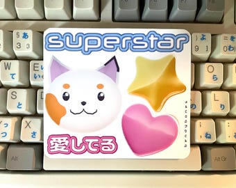 Y2K Cute Cat Sticker Sheet Deco Stickers Kawaii Japanese Star & Heart Retro 2000s Vinyl Stickers for Scrapbook Gift for Friend Holographic