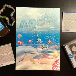 Y2K Frutiger Aero AQUA Plakatdruck Retro Futuristische Wandkunst Holographisch oder Mattes Ende Anfang der 2000er Jahre Ästhetisches Dekor Millenium Nostalgie