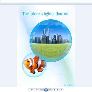 Op de afbeelding: Een poster met de tekst "The future is lighter than air." De afbeelding toont een stadsgezicht en een clownvis in een bel. De achtergrond is een verloop van blauw en groen.
