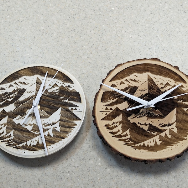 The Mountains...Laser engraved wood wall clock.