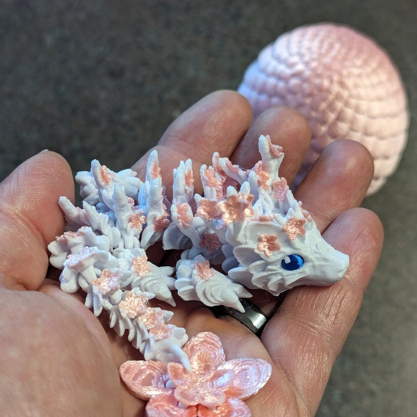 Cherry Blossom BABY Dragon with Dragon Egg - 3D Printed and Fully Articulated 6-inch-long Dragon, Sensory Toy, Fidget Toy, Stocking Stuffer