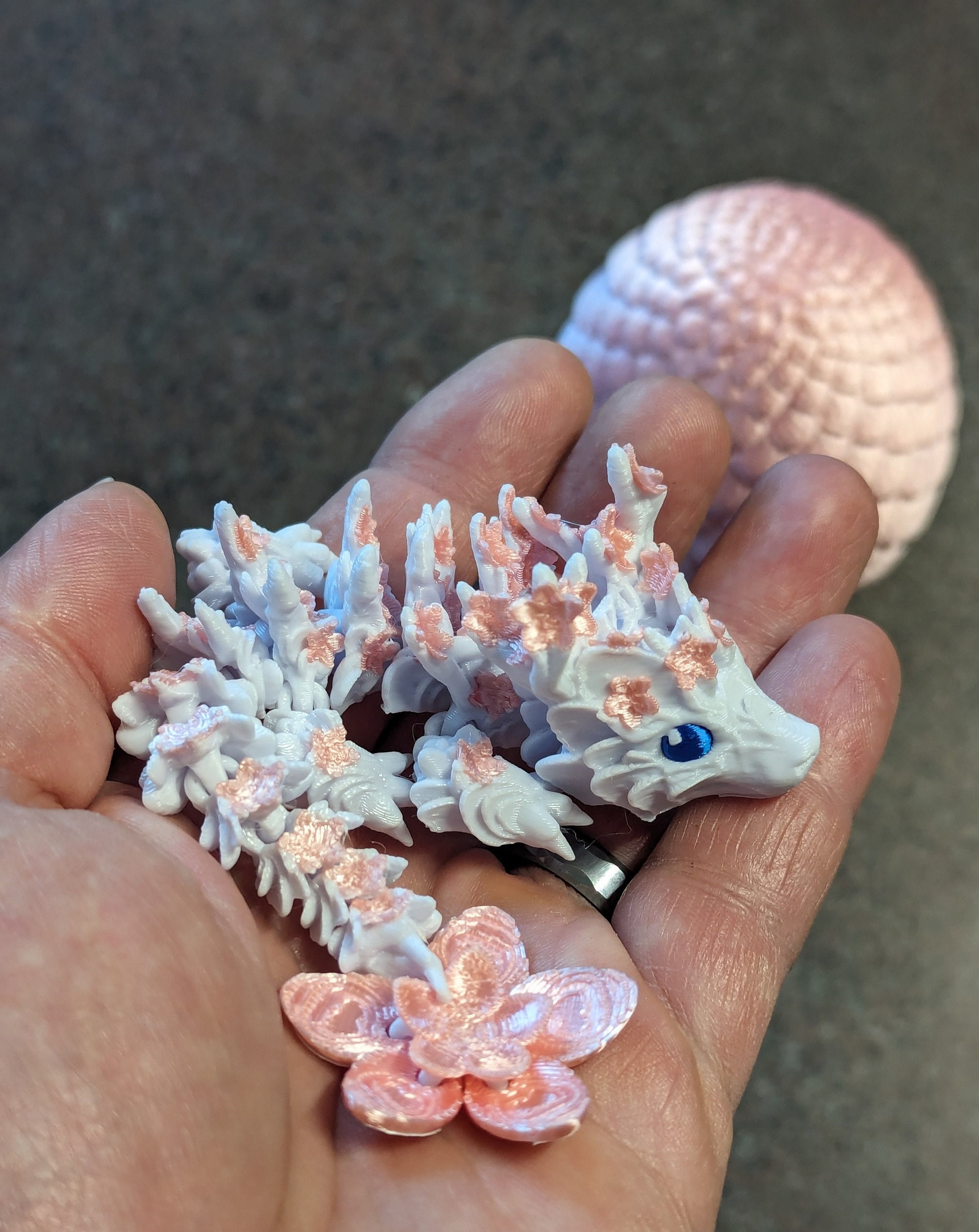 Cherry Blossom BABY Dragon with Dragon Egg - 3D Printed and Fully Articulated 6-inch-long Dragon, Sensory Toy, Fidget Toy, Stocking Stuffer