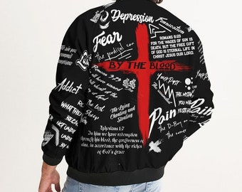 Black and Red Bomber Jacket - Christian Streetwear - Faith Based Brand Equris Clothing - Covered by the Blood Collection
