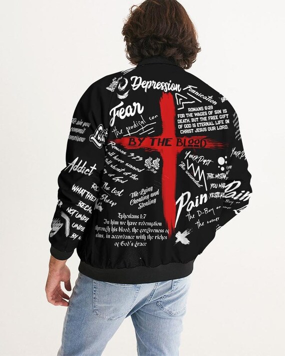 Black and Red Bomber Jacket - Christian Streetwear - Faith Based Brand Equris Clothing - Covered by the Blood Collection
