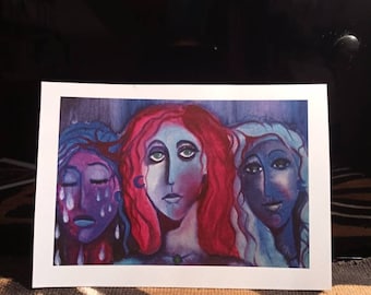 Print of an oil painting - a woman with three faces - "her body bears the smile of accomplishment; The illusion [...] "
