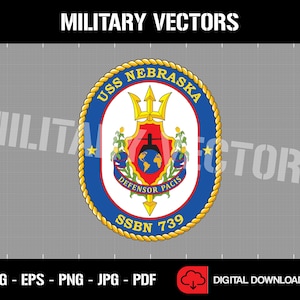 May include: A blue and gold circular emblem with the text "USS NEBRASKA" and "SSBN 739". The emblem features a trident, a globe, and the words "DEFENSOR PACIS".
