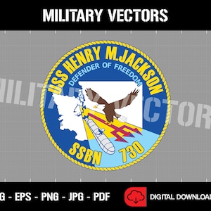 May include: A yellow, blue, and white circular emblem with a rope border. The emblem features a white outline of a submarine, a bald eagle, and the text "USS HENRY M. JACKSON DEFENDER OF FREEDOM SSBN 730".