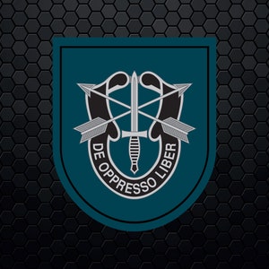 Puede incluir: Un parche verde azulado con un emblema plateado que presenta flechas cruzadas y una daga. El texto "DE OPPRESSO LIBER" está escrito en un círculo alrededor del emblema.