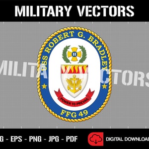 May include: A blue and gold circular emblem with a white shield and the text "USS ROBERT G. BRADLEY" and "FFG 49". The shield has a red and yellow flame design, a gold anchor with wings, and the text "POWER TO PREVAIL".