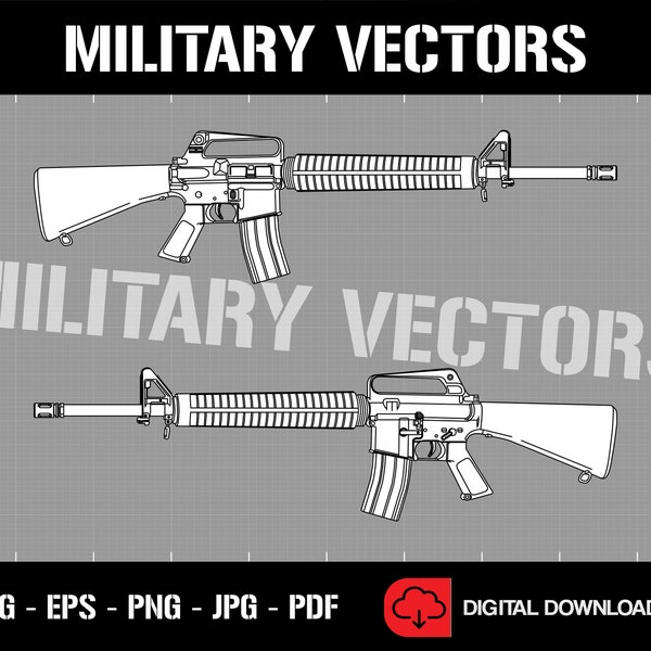 M16A2 Military Rifle - Silhouette Diagram Drawing Art - Digital SVG Vector Cricut File