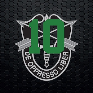 Puede incluir: Un número 10 verde sobre un fondo plateado y negro. El fondo tiene un patrón hexagonal. El emblema plateado tiene dos flechas cruzadas con una daga en el centro. El texto "DE OPPRESSO LIBER" está escrito alrededor del emblema.