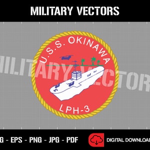 May include: A red and gold circular emblem with a white ship and the text "U.S.S. OKINAWA LPH-3".
