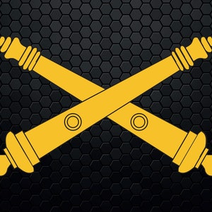 May include: A black and yellow crossed cannon design on a black hexagonal background.
