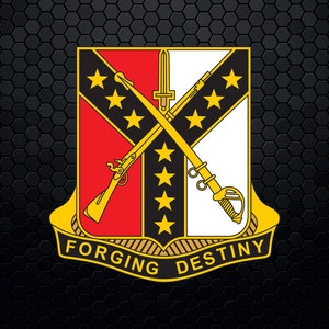 May include: A black and gold shield with a red and white background. The shield features two crossed weapons, a musket and a saber, with a yellow star pattern. The text "FORGING DESTINY" is written in a gold banner below the shield.