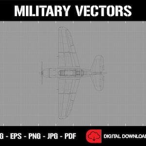 Puede incluir: Un dibujo en blanco y negro de un avión militar sobre un fondo de cuadrícula gris. La imagen está etiquetada como "MILITARY VECTORS" en la parte superior y "SVG - EPS - PNG - JPG - PDF" en la parte inferior.