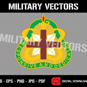 May include: A gold and green military unit insignia with a red cross and the words "Responsive and Dedicated" around the outside.