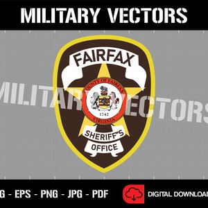 May include: A brown and gold sheriff's badge with the words "Fairfax County of Fairfax Virginia Sheriff's Office" and a star in the center.