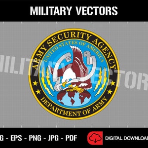 May include: A gold and blue circular seal with the words "Army Security Agency United States of America Department of Army" around the edge. A bald eagle with wings spread is holding a scroll in its talons. The eagle is perched on top of a globe with lightning bolts behind it.