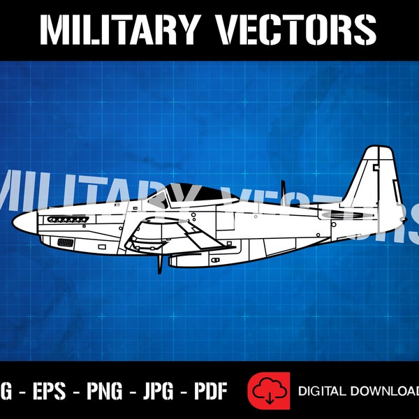 P-51H Mustang Kampfflugzeug WW2 Warbird Outline Blueprint Diagramm - Logo Decal Wappen Wappen Insignia - Digital SVG Vektor Drawing File