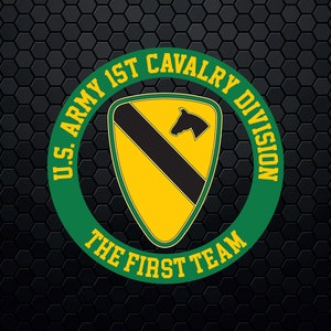 May include: A green circle with the text "U.S. ARMY 1ST CAVALRY DIVISION THE FIRST TEAM" around a yellow shield with a black diagonal stripe and a black horse head silhouette.