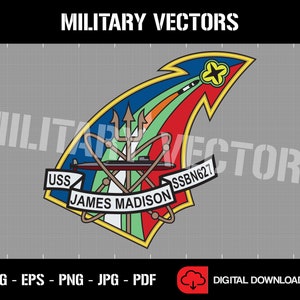 Op de afbeelding: Een kleurrijke vectorillustratie van een onderzeeër met de tekst "USS JAMES MADISON SSBN627". De onderzeeër is omringd door een rood, geel, groen en blauw ontwerp met een drietand en een ster.