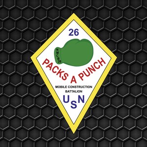 May include: A yellow diamond-shaped patch with a green boxing glove and the text "Packs a Punch" in white. The text "Mobile Construction Battalion" and "USN" are also in white. The number "26" is in black.