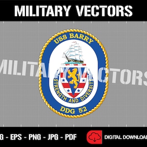 May include: A blue and gold circular emblem with the text "USS BARRY" and "DDG 52". The emblem features a ship, a lion, and stars. The text "STRENGTH AND DIVERSITY" is written around the lion.