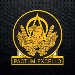 May include: A black and gold circular emblem with an eagle head, crossed swords, and a laurel wreath. The text "PACTUM EXCELLO" is below the emblem.