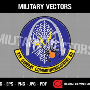 May include: A blue and yellow military unit patch with a spider web, lightning bolts, and the text "239 COMBAT COMMUNICATIONS SQ".
