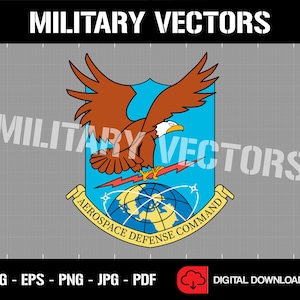 May include: A blue and white emblem with a brown eagle holding a lightning bolt and a globe. The text "Aerospace Defense Command" is written in a white banner.