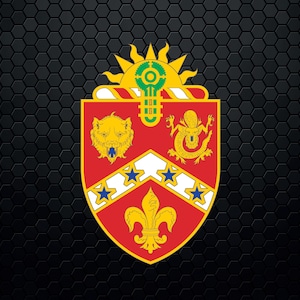 May include: A red, white, and blue shield with a yellow sunburst, a bear head, a dragon, and a fleur-de-lis. The shield is surrounded by a black honeycomb pattern.