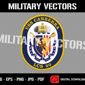 May include: A digital download graphic of the USS Canberra crest. The crest is a circular design with a gold rope border, navy blue background, and the text "USS Canberra" and "LCS 30". The crest includes a kangaroo and lightning bolts.