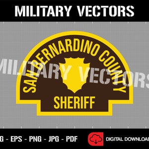 May include: A yellow and brown San Bernardino County Sheriff badge with a star in the center. The text "San Bernardino County Sheriff" is written in a yellow arc around the star.