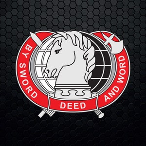 May include: A black and white emblem with a knight's head and a globe in the center. The emblem is surrounded by a red circle with the text "By Sword and Word Deed" in white.