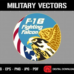 May include: A blue circle with the text "F-16 Fighting Falcon" and a stylised image of a falcon with a red, white and blue American flag in the background.