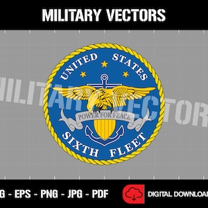 May include: A blue and gold seal with a rope border. The seal features a bald eagle with wings spread, a rope anchor, and the text "United States Sixth Fleet" and "Power for Peace".