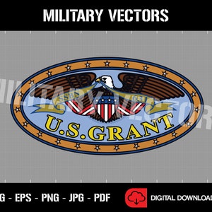 Könnte beinhalten: Ein blaues Oval mit goldener Umrandung und Sternen. Im Inneren des Ovals befindet sich ein Weißkopfseeadler mit ausgebreiteten Flügeln. Der Adler hält ein Band mit dem Text "SSB" auf der einen Seite und "631" auf der anderen. Der Adler hält auch einen Schild mit der amerikanischen Flagge. Der Text "U.S. GRANT" ist auf einem gelben Banner unter dem Adler geschrieben.