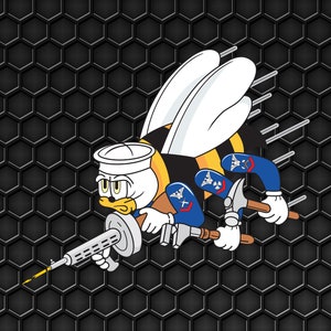 May include: A cartoon bee wearing a sailor hat and holding a machine gun. The bee is yellow and black with blue and white wings. The bee is on a black honeycomb background.