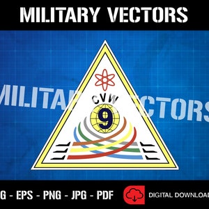 May include: A yellow triangle with a black atom symbol and the text "CVW 9" inside. The triangle is on a blue grid background. The text "MILITARY VECTORS" is at the top of the image.